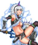  1girl armpits bare_shoulders belt blue_eyes breasts elbow_gloves electricity gloves hairband horn kirin_(armor) looking_at_viewer midriff monster_hunter rokuichi short_hair silver_hair smile solo thigh-highs thighs under_boob weapon 