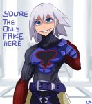  1boy belt bodysuit crazy_eyes english green_eyes grin kingdom_hearts kingdom_hearts_chain_of_memories lightsource looking_at_viewer male_focus parted_lips pointing riku_replica silver_hair smile solo 