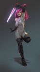  1girl arm_up biting black_gloves bodysuit breasts cyborg elbow_gloves full_body gloves glowing glowing_sword glowing_weapon gui_guimaraes latex lip_biting lips long_hair mechanical_legs nose original pink_hair prosthesis prosthetic_leg robot_joins running solo sword weapon 