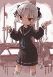  1girl black_skirt blush_stickers brown_eyes classroom closed_mouth eyebrows_visible_through_hair fang grey_hair highres indoors leoleonardk10 long_hair long_sleeves looking_at_viewer original pleated_skirt school_uniform skin_fang skirt solo thigh-highs twintails white_legwear 