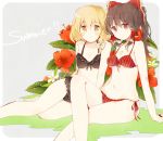  2girls bikini black_bikini blonde_hair braid brown_eyes brown_hair collarbone flower hakurei_reimu kirisame_marisa multiple_girls navel ponytail red_bikini side-tie_bikini single_braid sitting swimsuit tamagogayu1998 touhou yellow_eyes 