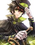  black_hair gloves green_eyes hand_on_hat hat holding_weapon hyakuya_yuuichirou light_background male owari_no_seraph pixiv_id_8620868 png_conversion short_hair simple_background solo weapon white_background white_gloves white_handwear 