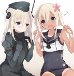  2girls :d alternate_hairstyle blonde_hair blue_eyes blush braid dual_persona flower flying_sweatdrops garrison_cap hair_between_eyes hair_flower hair_ornament hat hiiragi_souren kantai_collection long_hair looking_at_viewer low_twintails multiple_girls musical_note open_mouth ro-500_(kantai_collection) school_swimsuit school_uniform serafuku smile swimsuit swimsuit_under_clothes tan tanline twin_braids twintails u-511_(kantai_collection) 