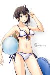  1girl adjusting_sunglasses ball beachball bikini breasts brown_eyes brown_hair collarbone cowboy_shot front-tie_top fuyu_mi kaga_(kantai_collection) kantai_collection navel short_hair side-tie_bikini side_ponytail simple_background solo sunglasses swimsuit white_background white_bikini white_swimsuit 