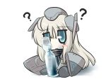  1girl ? blonde_hair blue_eyes blush_stickers chibi commentary_request gomasamune hat kantai_collection long_hair open_mouth ramune sketch solo u-511_(kantai_collection) 