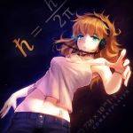  1girl album_cover blue_eyes breasts brown_hair cleavage commentary cover denim headphones jeans kerasu light_brown_hair math midriff navel original pants short_hair tank_top 