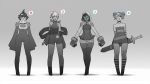  4girls bandaid bare_shoulders blush_stickers bodysuit cape choker clenched_hands dark_skin detached_sleeves dress eyepatch flat_chest game_console gloves greyscale gui_guimaraes highres hood monochrome multiple_girls playstation playstation_4_(personification) sash scarf sheath sheathed short_twintails sleeves_past_wrists small_breasts sony speech_bubble spot_color strapless_dress sword symbol thigh-highs thigh_gap twintails unitard weapon wide_hips 