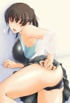  1girl amagami ass black_eyes black_hair blush breasts competition_swimsuit highres large_breasts long_hair lying on_side one-piece_swimsuit open_mouth ponytail sasaki_akira_(ugc) school_uniform solo swimsuit swimsuit_under_clothes tsukahara_hibiki 