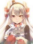  1girl amatsukaze_(kantai_collection) bangs brown_eyes face gloves hair_tubes highres kantai_collection long_hair looking_at_viewer red_legwear rensouhou-kun sailor_collar silver_hair single_glove smile solo thigh-highs two_side_up white_gloves zucchini 