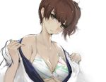  1girl bikini breasts brown_eyes brown_hair cleavage droplets kaga_(kantai_collection) kantai_collection looking_at_viewer open_clothes re_(tori) short_hair solo swimsuit wet 