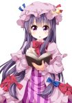  1girl book capelet coat crescent dress hair_ribbon long_hair long_sleeves looking_at_viewer mob_cap open_clothes open_coat open_mouth patchouli_knowledge purple_hair rakugakiyarou reading ribbon solo striped striped_dress touhou tress_ribbon very_long_hair violet_eyes 