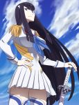  1girl black_hair blue_eyes blue_sky clouds eyebrows hand_on_hip highres junketsu kill_la_kill kiryuuin_satsuki long_hair looking_at_viewer o-nashi_neko sky solo sword thick_eyebrows weapon 