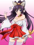  1girl animal_ears bare_shoulders bell black_hair blue_eyes breasts cleavage fox_ears highres infinite_stratos japanese_clothes jingle_bell long_hair masako_(sabotage-mode) miko ponytail shinonono_houki tail thigh-highs 