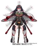  1girl airplane black_hair brown_gloves character_request copyright_name gloves goggles goggles_on_head katana kuusen_otome_virgin_strike long_hair looking_at_viewer nakajou personification red_eyes scarf scarf_over_mouth solo sword turret weapon white_background 