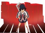  1girl black_hair blue_eyes case copyright_name female full_body hands_in_pockets kill_la_kill letterman_jacket looking_at_viewer matoi_ryuuko metalhanzo multicolored_hair raised_eyebrow shoes short_hair skirt sneakers solo two-tone_hair 