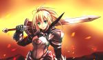  1girl armor blonde_hair clarent fate/apocrypha fate_(series) gauntlets green_eyes highres kujira_jio over_shoulder ponytail saber_of_red solo sword sword_over_shoulder weapon weapon_over_shoulder 