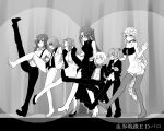  absurdly_long_hair alternate_costume bare_shoulders blush bowtie braid breasts dancing dress eyepatch feather_boa female_admiral_(kantai_collection) flat_chest flying_sweatdrops formal height_difference highres kantai_collection kekkai_sensen kiso_(kantai_collection) large_breasts long_hair monochrome nachi_(kantai_collection) nagisa_moa open_mouth pant_suit ponytail shiranui_(kantai_collection) side_ponytail side_slit smile suit suspenders tatsuta_(kantai_collection) tenryuu_(kantai_collection) thigh-highs turtleneck unryuu_(kantai_collection) very_long_hair white_hair 
