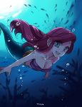  1girl :d ariel_(disney) blue_eyes breasts bubble cleavage disney fish highres kokuchuutei long_hair looking_at_viewer mermaid monster_girl open_mouth redhead shell shell_bikini smile solo the_little_mermaid underwater 