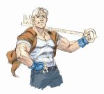  1boy blonde_hair blue_eyes casual cody_travers diepod facial_hair fingerless_gloves gloves jacket key male_focus muscle older open_clothes open_jacket oversized_object sleeves_rolled_up solo street_fighter stubble tank_top 