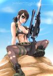  1girl bikini black_bikini black_gloves boots breasts brown_hair combat_boots daniel_macgregor facepaint front-tie_bikini front-tie_top full_body gloves green_eyes gun holster lips metal_gear_(series) metal_gear_solid_v midriff navel nose pantyhose ponytail quiet_(metal_gear) rifle rock scope sitting sniper_rifle solo suspenders swimsuit swimsuit_over_clothes thigh_holster torn_clothes torn_pantyhose under_boob weapon 