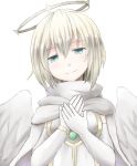  1girl angel angel_wings aoiyamagi4 blue_eyes breasts cape elbow_gloves gloves halo looking_at_viewer niel_(sennen_sensou_aigis) sennen_sensou_aigis short_hair simple_background small_breasts solo upper_body white_background white_cape white_gloves white_hair wings 