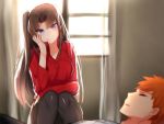  1boy 1girl alternate_hairstyle blue_eyes brown_hair emiya_shirou fate/stay_night fate_(series) long_hair pantyhose side_ponytail sleeping smile suurin_(ksyaro) tohsaka_rin toosaka_rin 