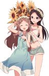  2girls aoba_kokona bare_shoulders black_hair blue_eyes blush brown_hair closed_eyes dress flower glasses hair_flower hair_ornament hairclip long_hair midriff multiple_girls navel open_mouth saitou_kaede_(yama_no_susume) smile sunflower yama_no_susume yoshikawa_(wineretro) 