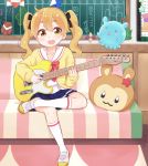  1girl :d ahoge bow brown_eyes brown_hair chalkboard check_(check_book) commentary_request couch creature crossed_legs cushion electric_guitar guitar hair_bow hikaru_(houkago_no_pleiades) houkago_no_pleiades instrument open_mouth origami playing_instrument plectrum pleiadean sailor_collar school_uniform shoes sitting skirt smile twintails white_legwear 