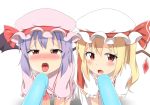  2girls all_fours bat_wings blonde_hair blush commentary_request dress fang flandre_scarlet hat hat_ribbon looking_at_viewer mob_cap multiple_girls nedia_r open_mouth pink_dress popsicle pov puffy_short_sleeves puffy_sleeves purple_hair red_dress red_eyes remilia_scarlet ribbon sexually_suggestive shirt short_sleeves siblings side-by-side side_ponytail sisters thigh-highs tongue tongue_out touhou white_legwear wings zettai_ryouiki 