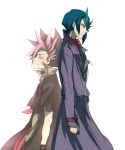  2boys belt closed_eyes closed_mouth coat duo kurosaki_shun light_background long_coat long_hair long_sleeves male multicolored_hair multiple_boys necktie pixiv_id_9188390 purple_hair shirt short_hair simple_background smile spiky_hair standing two-tone_hair white_background yu-gi-oh! yu-gi-oh!_arc-v yuto_(yu-gi-oh!_arc-v) 