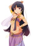  1girl alternate_costume arabian_clothes arm_up armlet belly_dancing black_hair bracelet cowboy_shot flat_chest gokou_ruri highres jewelry long_hair looking_at_viewer mole mole_under_eye ore_no_imouto_ga_konna_ni_kawaii_wake_ga_nai simple_background solo suzumeko very_long_hair violet_eyes white_background 