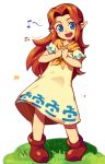  1girl ankle_boots blue_eyes boots brown_hair flat_chest full_body hands_clasped long_hair malon metata musical_note neckerchief ocarina_of_time pigeon-toed pointy_ears smile solo the_legend_of_zelda 