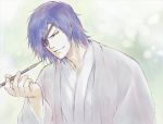  closed_mouth date_masamune_(sengoku_basara) eyepatch holding_object light_background looking_at_viewer male one_eye_showing pixiv_id_7533446 purple_hair sengoku_basara short_hair simple_background smoking_pipe solo traditional_clothes wafuku white_background white_outfit 
