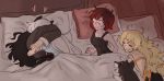  4girls ? bed black_hair blake_belladonna blonde_hair brown_hair closed_eyes dashingicecream dog gradient_hair heart hug multicolored_hair multiple_girls pillow redhead ruby_rose rwby saliva sleepy weiss_schnee white_hair yang_xiao_long yuri 