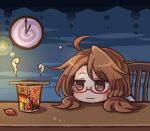 1girl ahoge brown_eyes brown_hair clock glasses low_twintails lowres no_hat pote_(ptkan) ramen red-framed_glasses short_hair smile solo touhou twintails usami_sumireko 