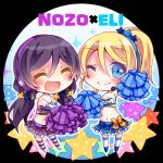  1:1_aspect_ratio 2girls ^_^ ayase_eli black_hair blonde blue_eyes cheerleader chibi closed_eyes closed_mouth duo female full_body happy long_hair love_live!_school_idol_project multiple_girls one_eye_closed open_mouth paradise_live pixiv_id_2727119 ponytail purple_hair smile star_(symbol) starry_background toujou_nozomi twintails wink 