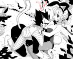  animal_ears armor between_breasts blurry boots bowtie breast_rest breasts breasts_on_head bulma bunny_tail depth_of_field dragon_ball dragon_ball_z fake_animal_ears head_between_breasts high_heels leotard miwa_(m-iwamiwa2014) monochrome pantyhose playboy_bunny_leotard ponytail rabbit_ears spiky_hair sweat tail vegeta 