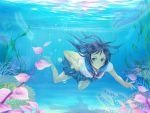  1girl barefoot bubble coral freediving green_eyes hands holding_breath long_hair original school_uniform serafuku sleeping-pig starfish swimming underwater water 