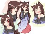  1girl :d ^_^ animal_ears brown_hair character_sheet closed_eyes dress fang flying_sweatdrops frilled_sleeves frills imaizumi_kagerou jewelry long_hair natsu_no_koucha neckerchief off_shoulder open_mouth red_eyes smile tail tears touhou wolf_ears wolf_tail 