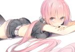  1girl ass blue_eyes blush breasts kojiki-life long_hair looking_at_viewer lying megurine_luka midriff pink_hair short_sleeves skirt solo thigh-highs twintails vocaloid 