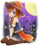  1girl :p blue_eyes blush bow brown_legwear cora_stt full_moon halloween hat headset kousaka_honoka looking_at_viewer love_live!_school_idol_project moon orange_hair short_hair sitting skirt sleeveless solo striped striped_legwear tongue tongue_out wariza witch_hat 