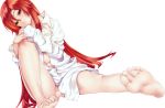  1girl barefoot dakara_boku_wa_h_ga_dekinai extraction feet head_tilt highres lisara_restall long_hair looking_at_viewer naked_shirt red_eyes red_hair soles toes transparent_background white_shirt 