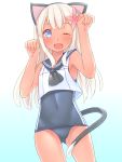  1girl animal_ears blonde_hair blue_eyes cat_ears cat_tail flower hair_flower hair_ornament kantai_collection kemonomimi_mode long_hair neckerchief no_pants one_eye_closed open_mouth paw_pose ro-500_(kantai_collection) sakurea school_swimsuit school_uniform serafuku smile solo swimsuit swimsuit_under_clothes tail tan 