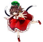  1girl animal_ears baba_(baba_seimaijo) bow brown_eyes brown_hair cat_ears cat_tail chen dress ear_piercing fang highres jewelry long_sleeves mob_cap multiple_tails nekomata open_mouth outstretched_arm piercing red_dress shirt single_earring smile solo tail touhou 