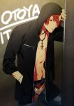  1boy artist_request belt bracelet character_name cross cross_necklace hand_in_pocket highres hoodie ittoki_otoya jacket jewelry navel necklace open_clothes open_jacket red_eyes redhead short_hair solo uta_no_prince-sama 