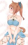  1girl animal_ears bandeau bare_shoulders barefoot blush bow brown_eyes brown_hair cat_ears cat_tail final_fantasy final_fantasy_xiv hair_bow highres long_hair looking_to_the_side miqo&#039;te navel ponytail rima_(rimarip) sitting solo tail v_arms wariza 