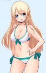  1girl akky_(akimi1127) atago_(kantai_collection) bikini blonde_hair blue_background blue_eyes blush breasts dated hand_on_hip highres kantai_collection long_hair looking_at_viewer simple_background sketch smile solo swimsuit twitter_username 