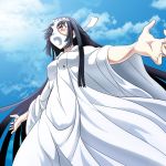  1girl black_hair blue_snow_(cosplay) brown_eyes hair_over_one_eye hayashimo_(kantai_collection) highres kantai_collection long_hair object_on_head outstretched_arms panties panties_on_head parody pose shimoneta_to_iu_gainen_ga_sonzai_shinai_taikutsu_na_sekai solo tk8d32 underwear very_long_hair 