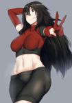  1girl :p bike_shorts black_hair blue_eyes breasts elbow_gloves gloves grey_background groin hews_hack long_hair looking_at_viewer midriff navel solo tongue tongue_out 