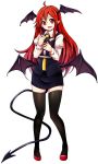  1girl absurdres adapted_costume alternate_costume baba_(baba_seimaijo) bat_wings black_legwear book book_hug demon_tail full_body harukawa_moe_(style) head_wings highres holding holding_book koakuma long_hair long_sleeves looking_at_viewer miniskirt necktie open_mouth pointy_ears puffy_sleeves red_eyes redhead shirt shoes simple_background skirt skirt_set smile solo tail thigh-highs touhou transparent_background vest wings zettai_ryouiki 